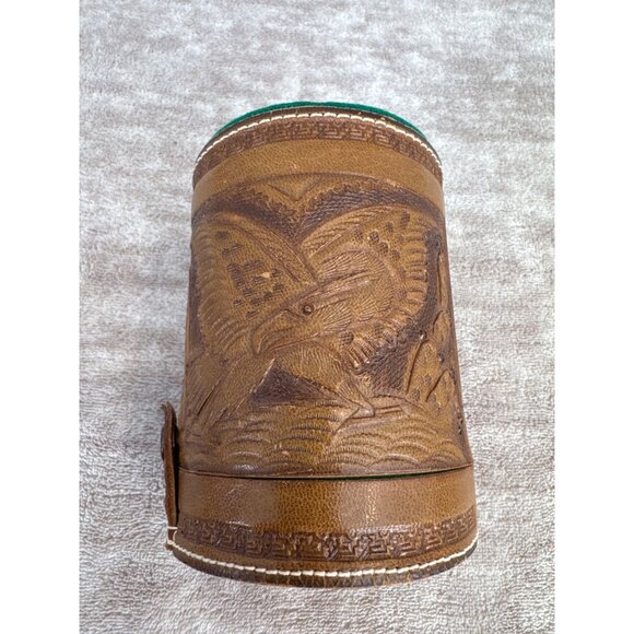 Vintage Handcrafted Leather Aztec Mayan Calendar Dice Cup With Eagle Design - Picture 5 of 9